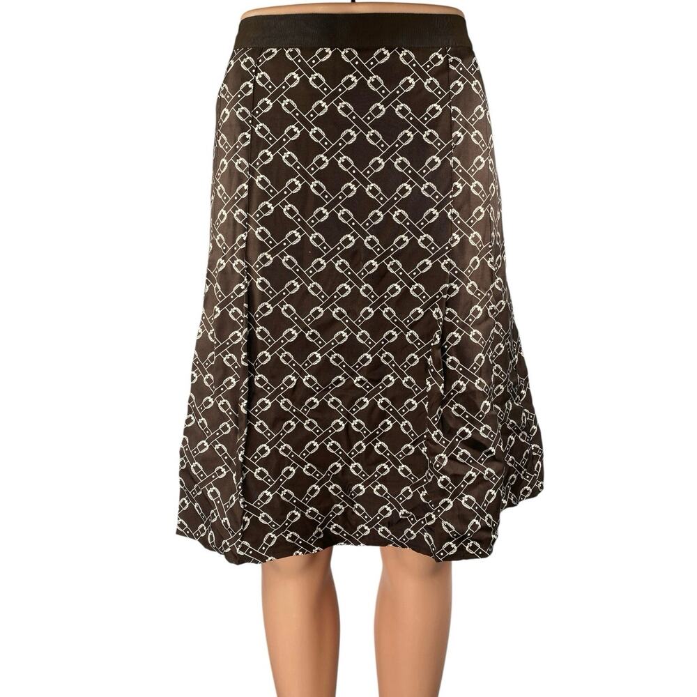 J.Crew 100% Silk Satin Brown Equestrian Print Pleated Knee Length A-Line Skirt 4
